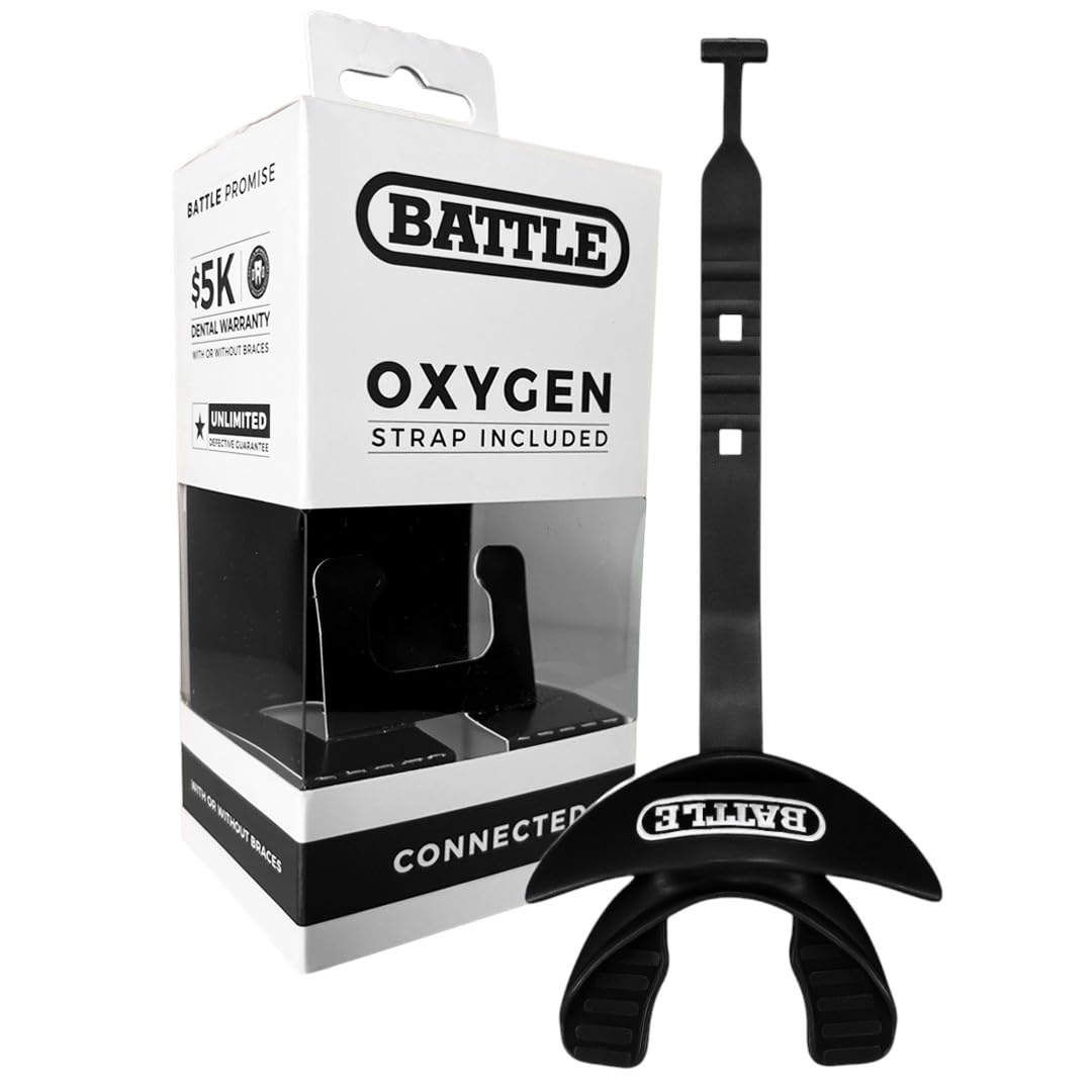Battle Oxygen Lip Protector Mouth Guard with Connected Strap, Football and Sports Gear, Maximum Oxygen Supply, Mouthpiece Fits With or Without Braces - One Size, Black