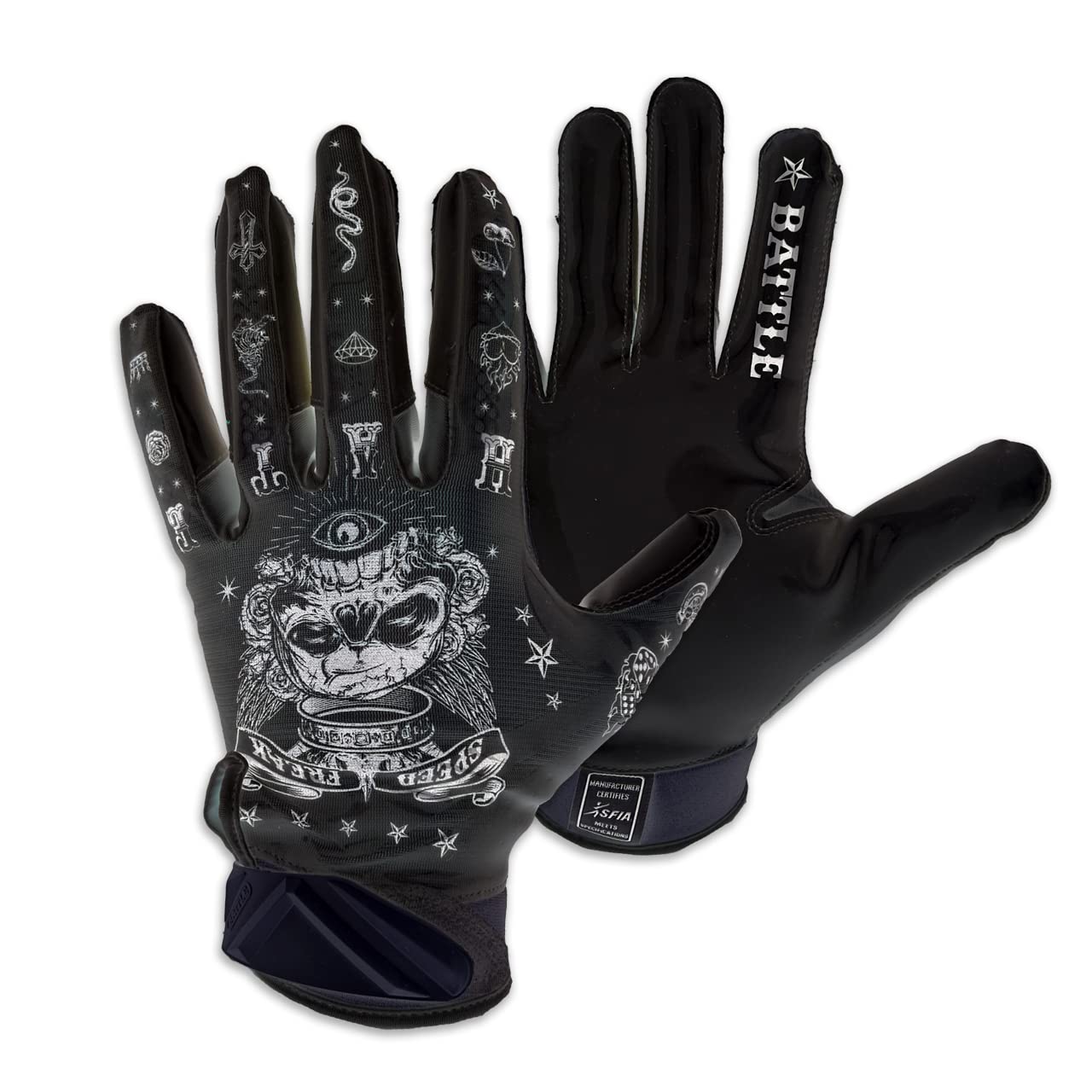 Battle Sports Speed Freak Black Wide Receiver Football Gloves, Ultra-Tack Sticky & Grip Gloves, No Slip - Youth Large