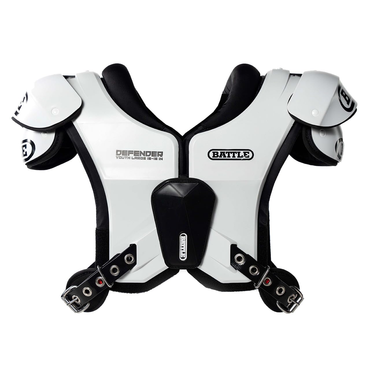 Battle Sports Defender Football Shoulder Pads – The Lightest, Most Protective in Its Class – Aerospace Grade Materials, Ventilated Design, Removable Sternum Plate, Foam Neck Roll