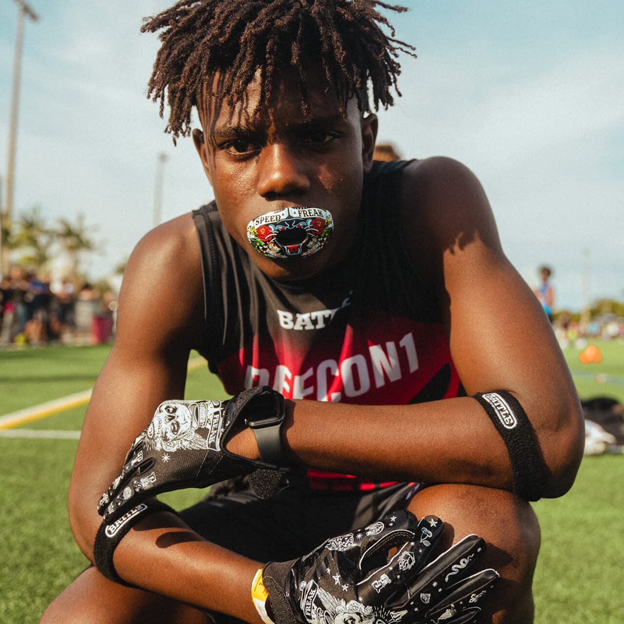 Battle Sports Oxygen Football Mouthguard - Football Mouth Guard with Strap, Superior Airflow & Better Performance, Maximum Breathability, Works with Braces - Ruthless/Red with Black Logo - Image 4